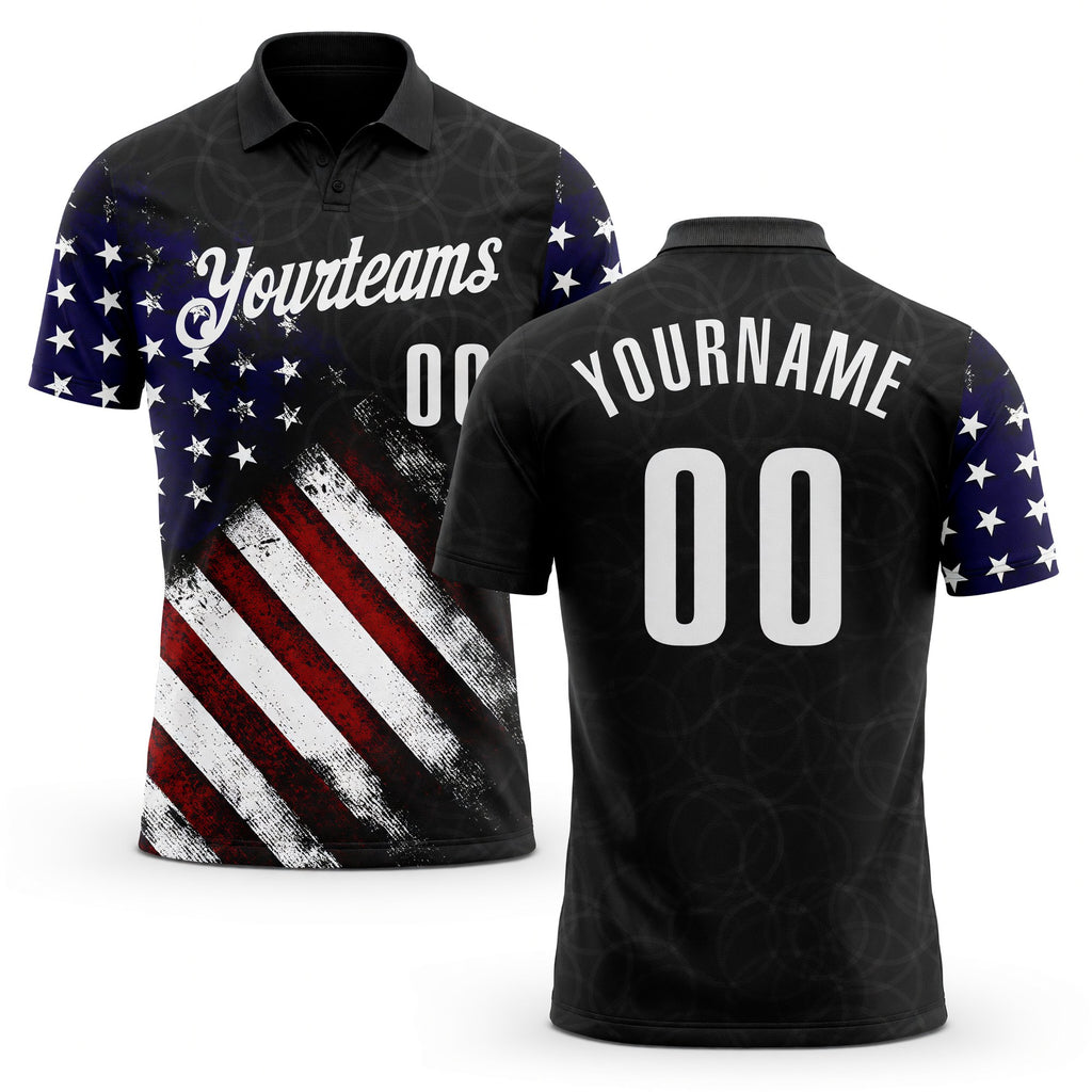 Custom Black White 3D Bowling American Flag Performance Polo Shirt