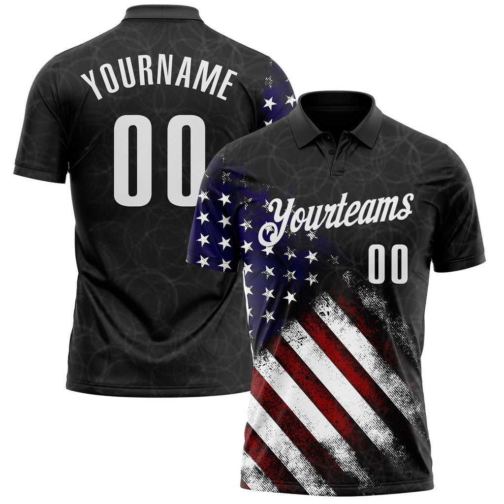 Custom Black White 3D Bowling American Flag Performance Polo Shirt photo 1