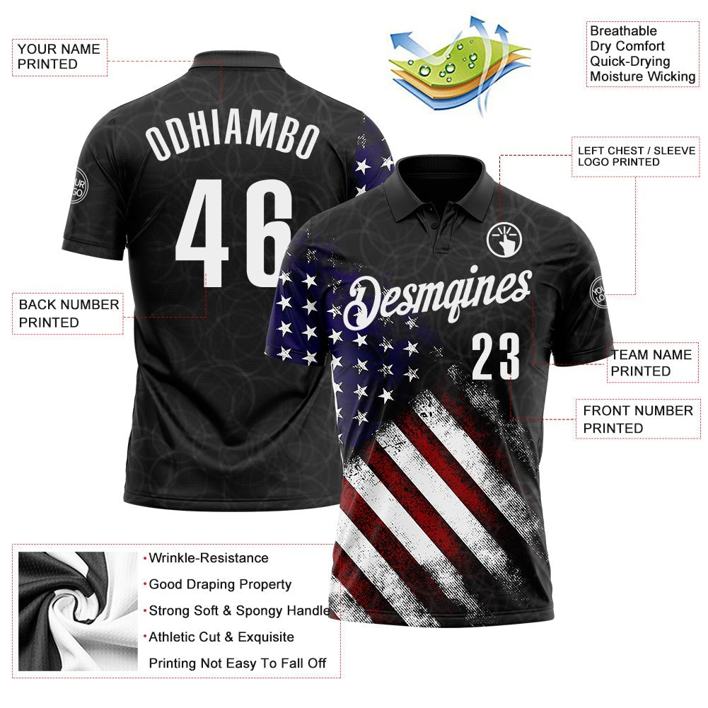 Custom Black White 3D Bowling American Flag Performance Polo Shirt photo 3