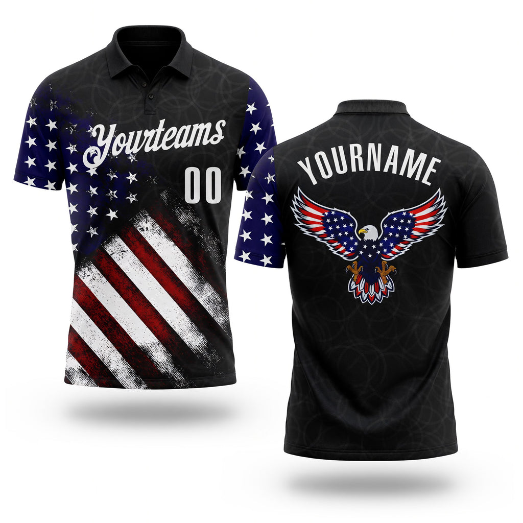 Custom Black White 3D Bowling American Flag Eagle Performance Polo Shirt
