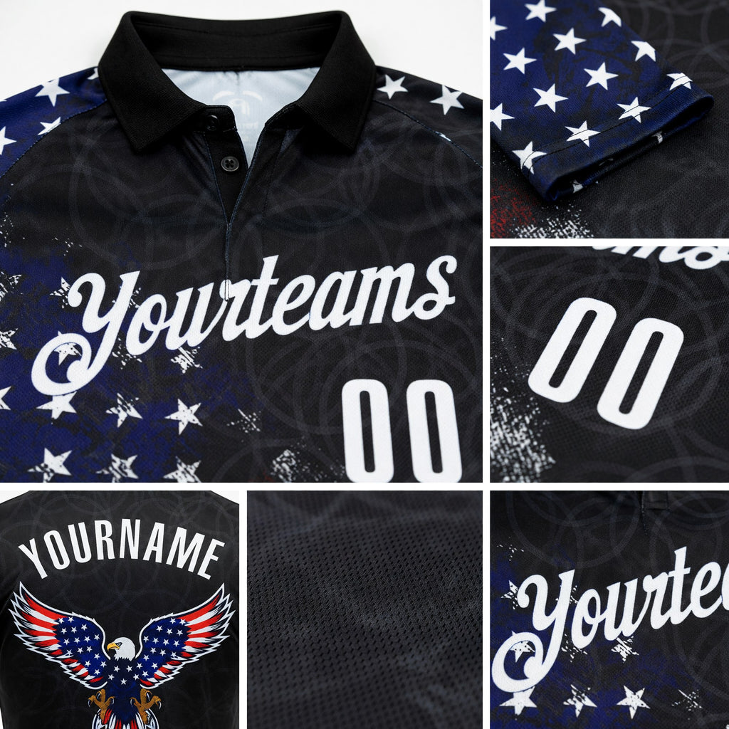 Custom Black White 3D Bowling American Flag Eagle Performance Polo Shirt detail