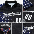 Custom Black White 3D Bowling American Flag Eagle Performance Polo Shirt detail