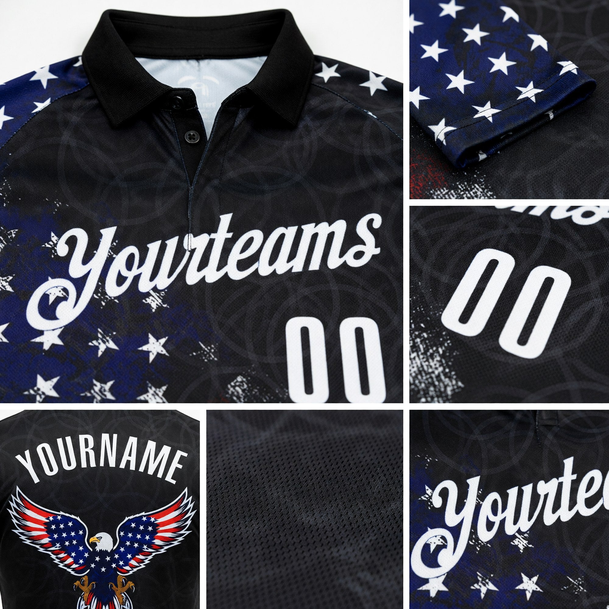 Custom Black White 3D Bowling American Flag Eagle Performance Polo Shirt detail