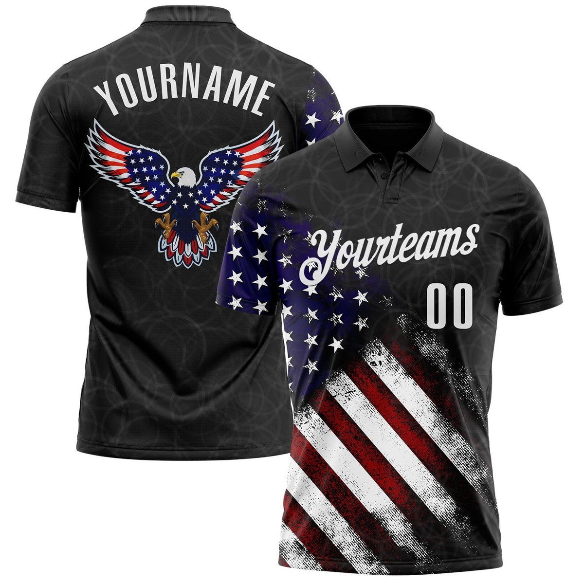 Custom Black White 3D Bowling American Flag Eagle Performance Polo Shirt photo 1