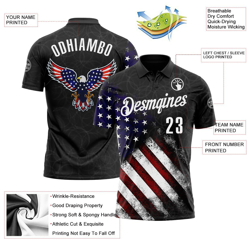 Custom Black White 3D Bowling American Flag Eagle Performance Polo Shirt photo 3
