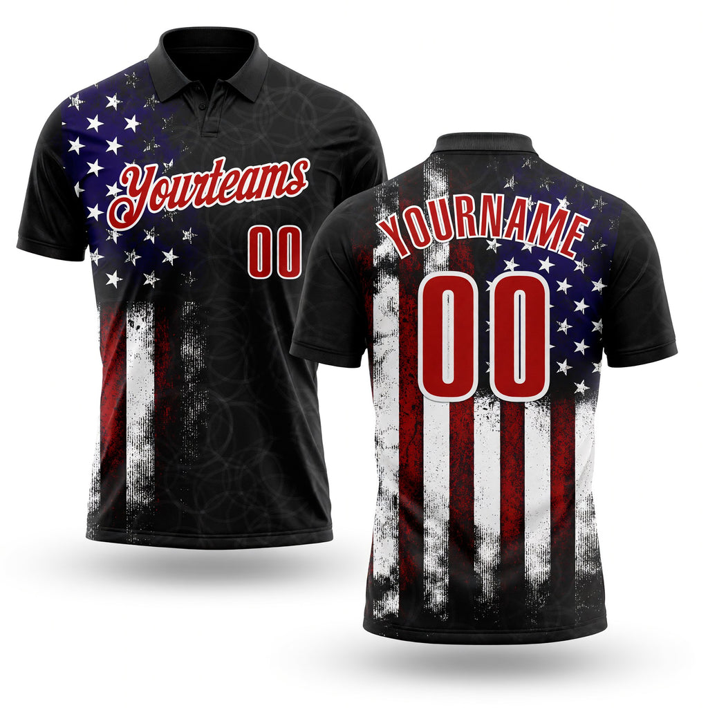 Custom Black Red-White 3D Bowling American Flag Performance Polo Shirt