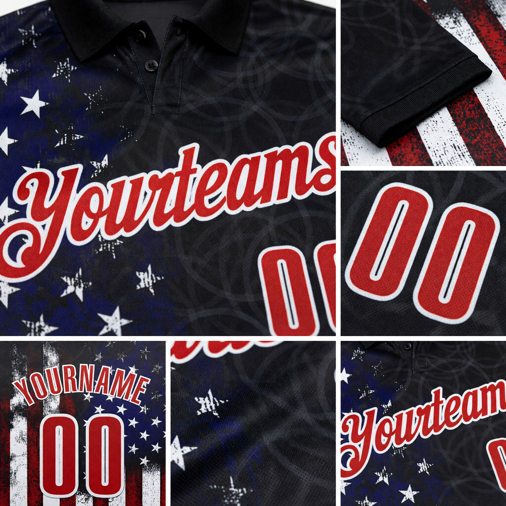 Custom Black Red-White 3D Bowling American Flag Performance Polo Shirt detail