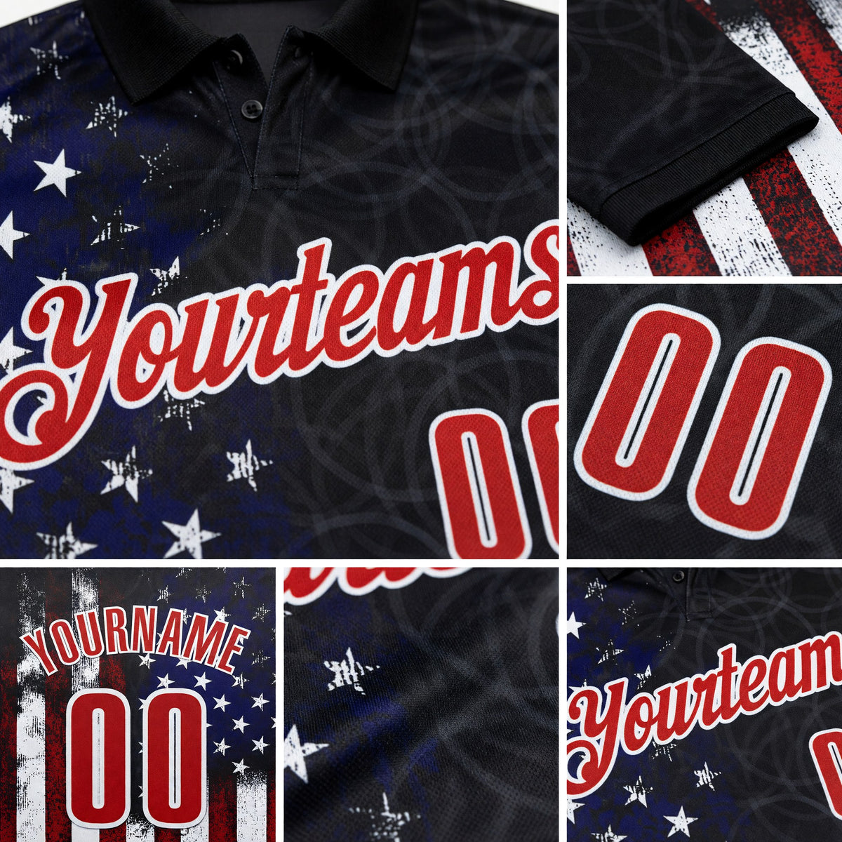 Custom Black Red-White 3D Bowling American Flag Performance Polo Shirt detail