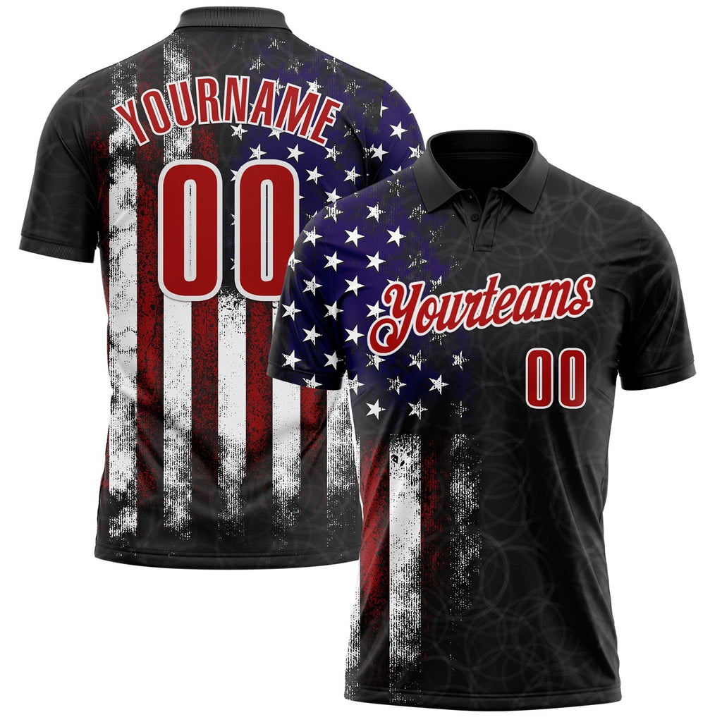 Custom Black Red-White 3D Bowling American Flag Performance Polo Shirt photo 1