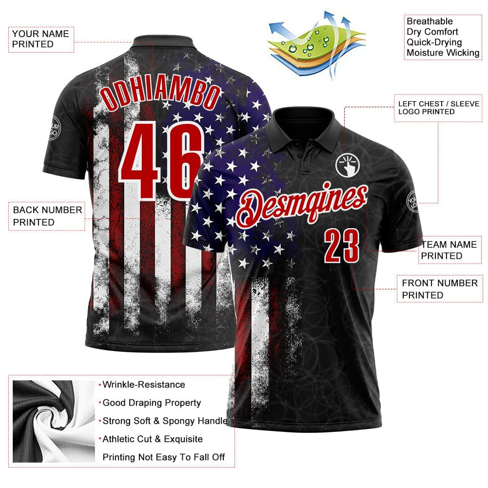 Custom Black Red-White 3D Bowling American Flag Performance Polo Shirt photo 3