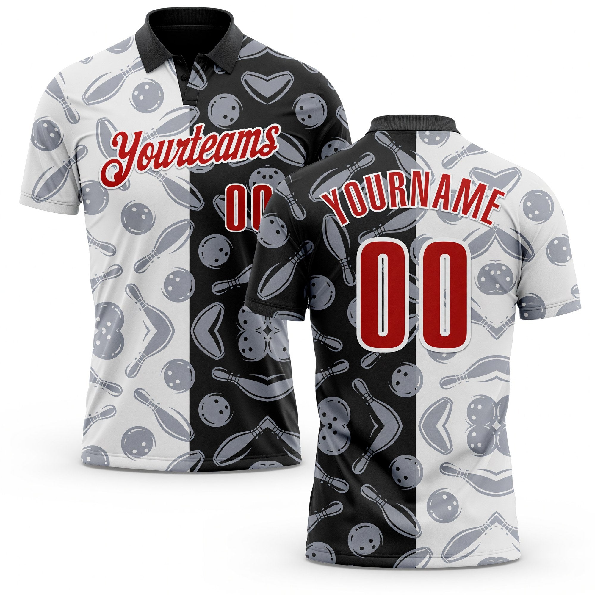 Custom Black Red-White 3D Bowling Performance Polo Shirt