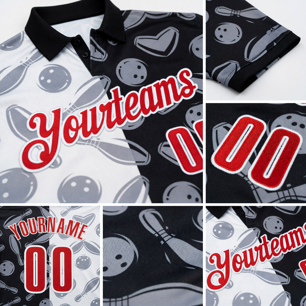 Custom Black Red-White 3D Bowling Performance Polo Shirt detail