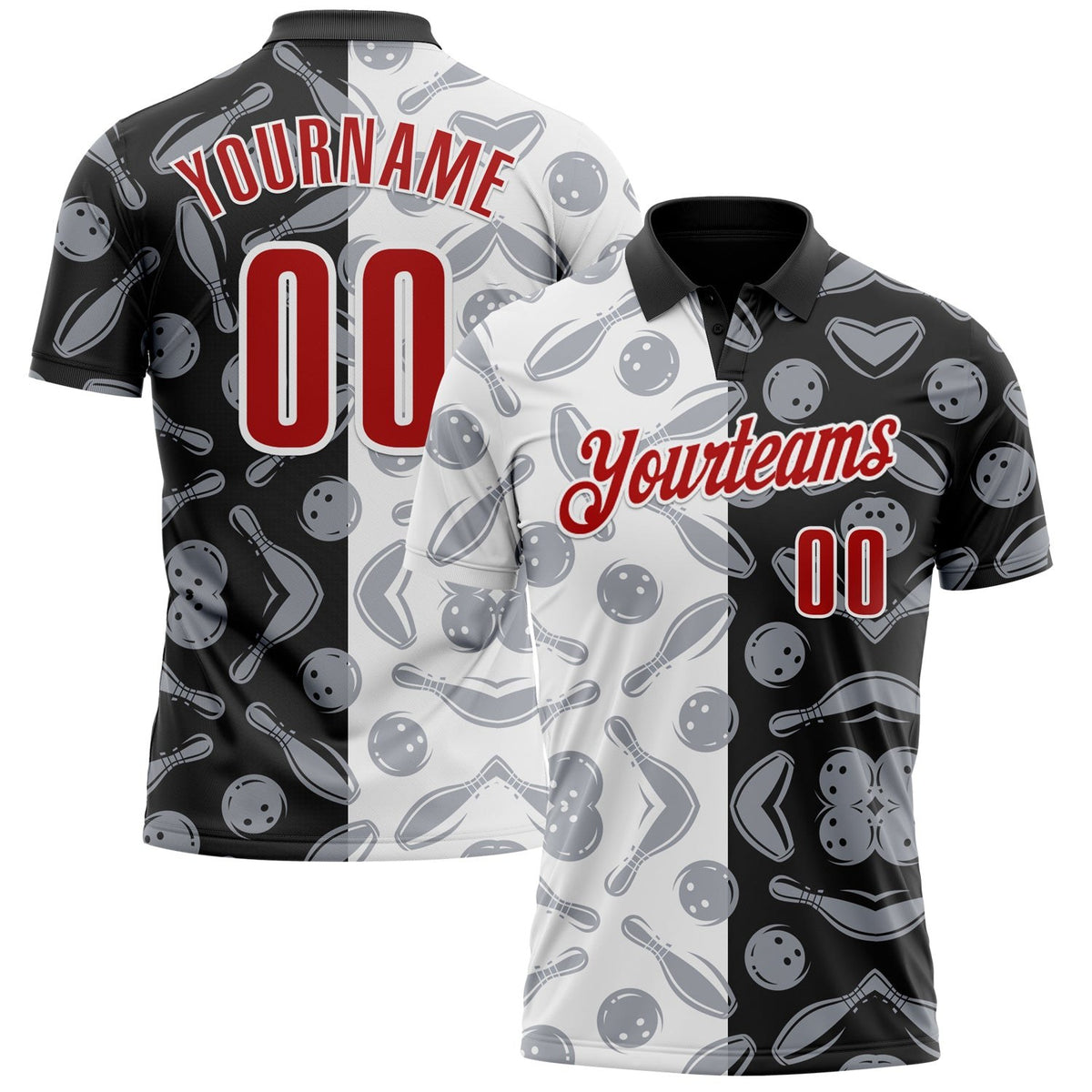 Custom Black Red-White 3D Bowling Performance Polo Shirt photo 1