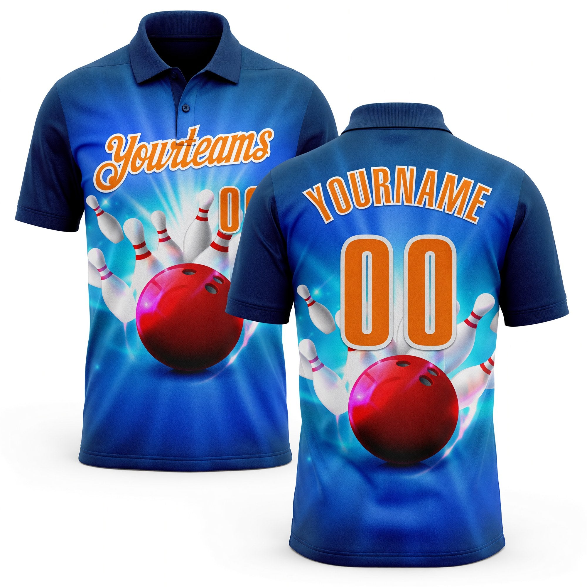 Custom Navy Bay Orange-White 3D Bowling Performance Polo Shirt
