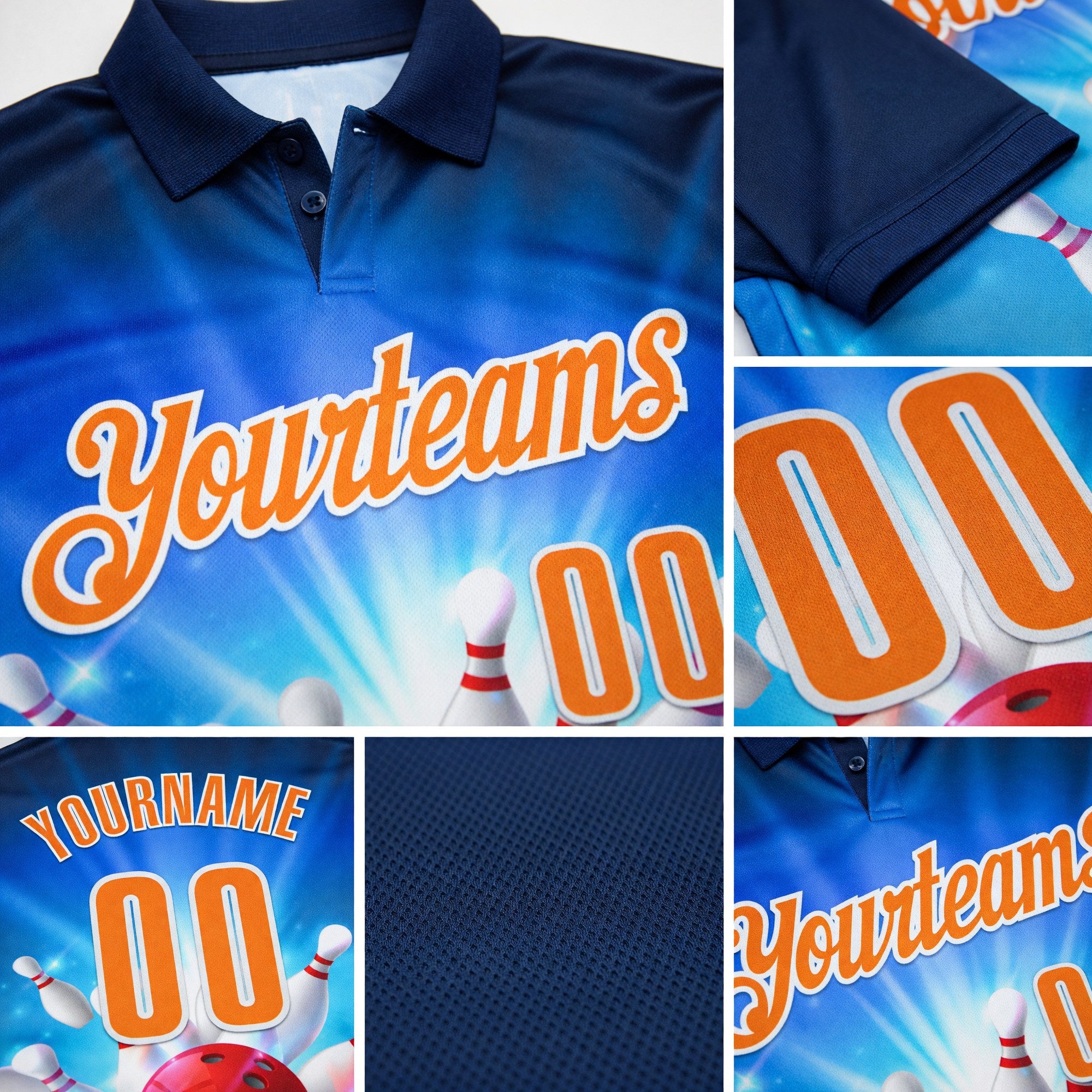 Custom Navy Bay Orange-White 3D Bowling Performance Polo Shirt detail