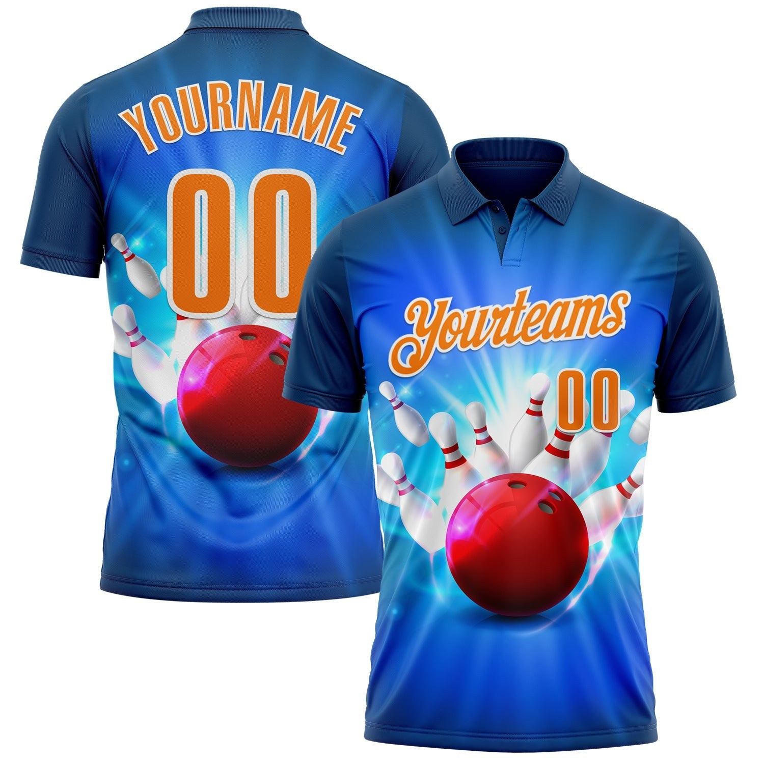 Custom Navy Bay Orange-White 3D Bowling Performance Polo Shirt photo 1