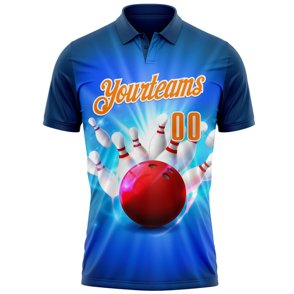 Custom Navy Bay Orange-White 3D Bowling Performance Polo Shirt photo 2