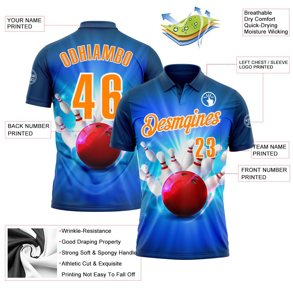 Custom Navy Bay Orange-White 3D Bowling Performance Polo Shirt photo 3
