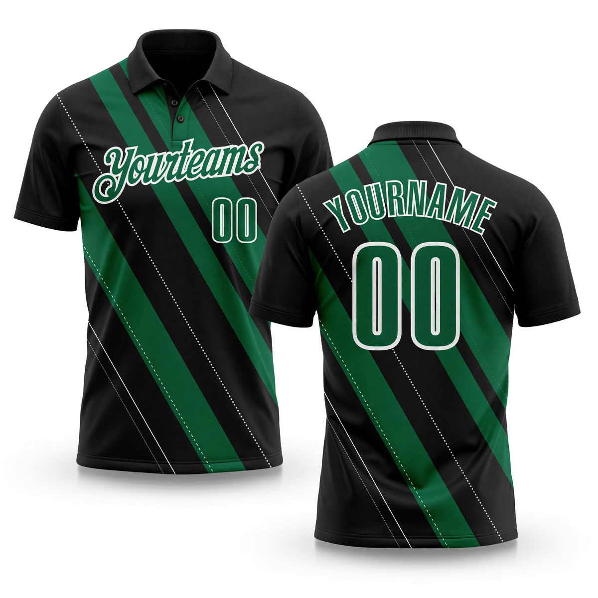 Custom Black Kelly Green-White 3D Bowling Line Shape Performance Polo Shirt