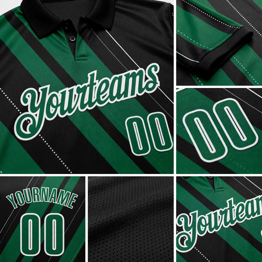 Custom Black Kelly Green-White 3D Bowling Line Shape Performance Polo Shirt detail