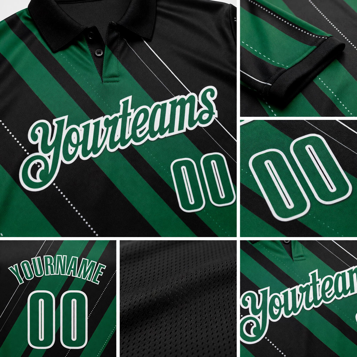 Custom Black Kelly Green-White 3D Bowling Line Shape Performance Polo Shirt detail