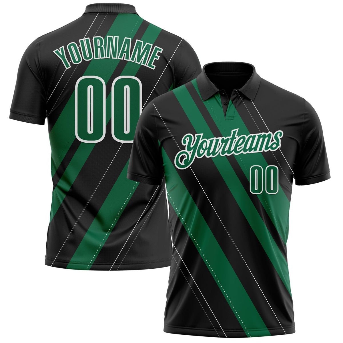 Custom Black Kelly Green-White 3D Bowling Line Shape Performance Polo Shirt photo 1