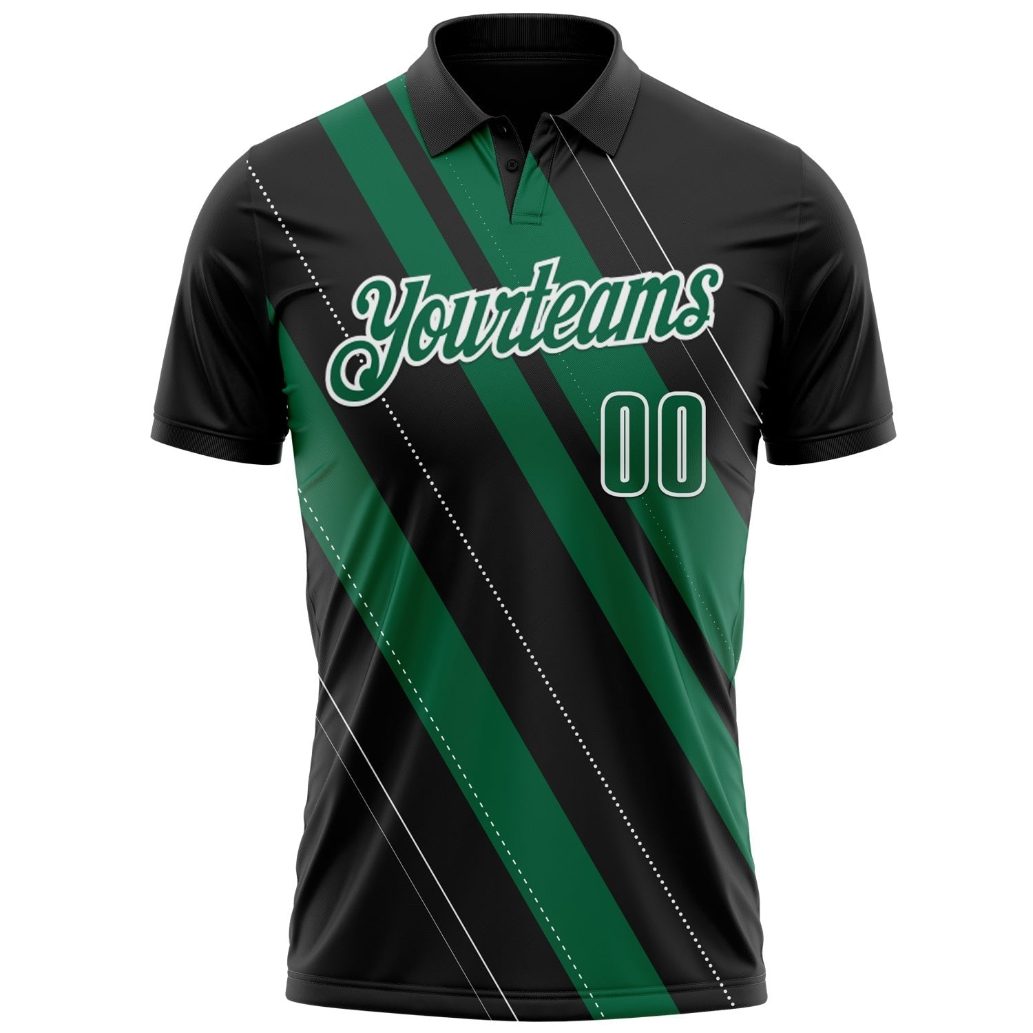 Custom Black Kelly Green-White 3D Bowling Line Shape Performance Polo Shirt photo 2