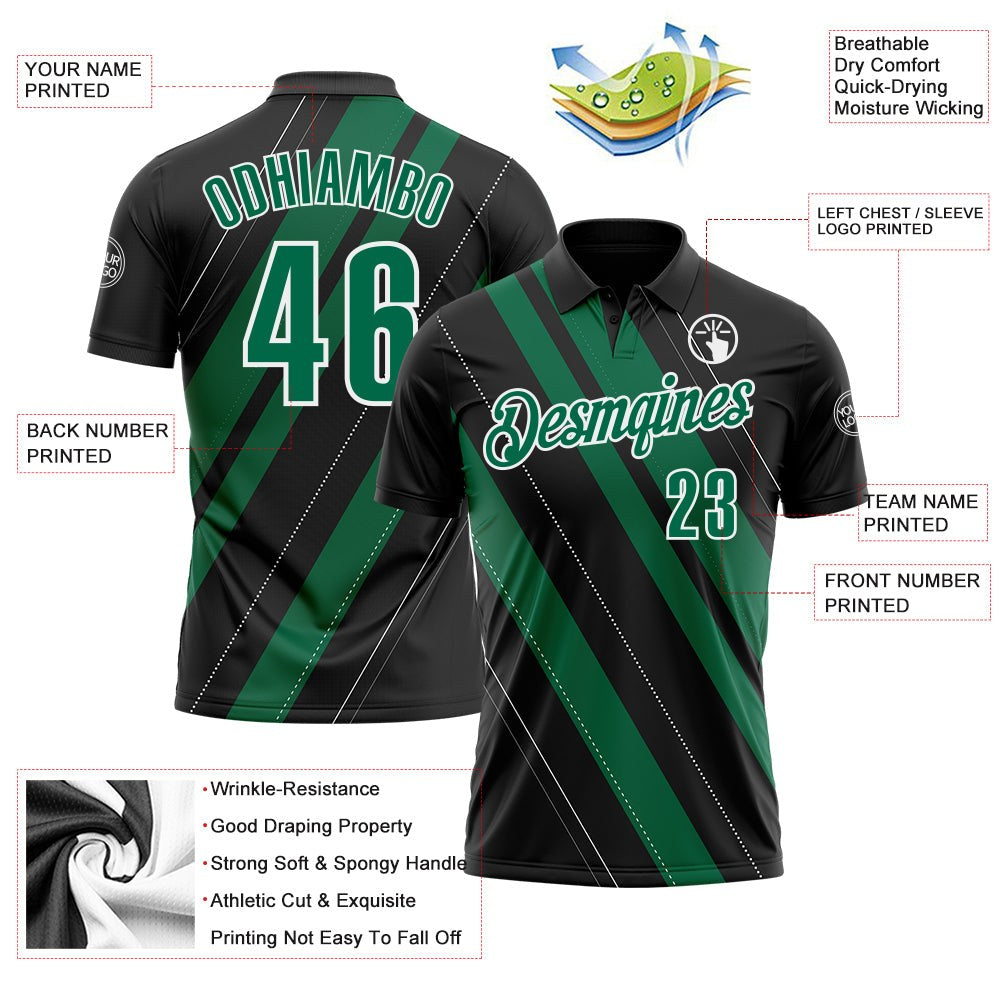 Custom Black Kelly Green-White 3D Bowling Line Shape Performance Polo Shirt photo 3