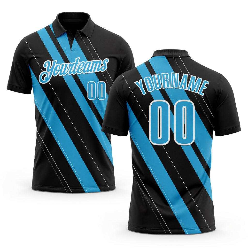Custom Black Sky Blue-White 3D Bowling Line Shape Performance Polo Shirt
