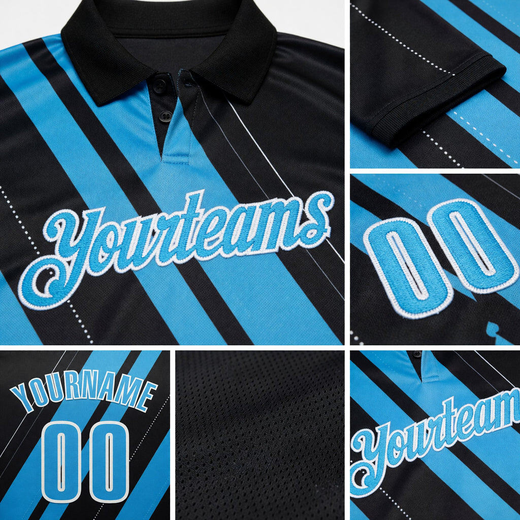 Custom Black Sky Blue-White 3D Bowling Line Shape Performance Polo Shirt detail