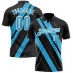Custom Black Sky Blue-White 3D Bowling Line Shape Performance Polo Shirt photo 1