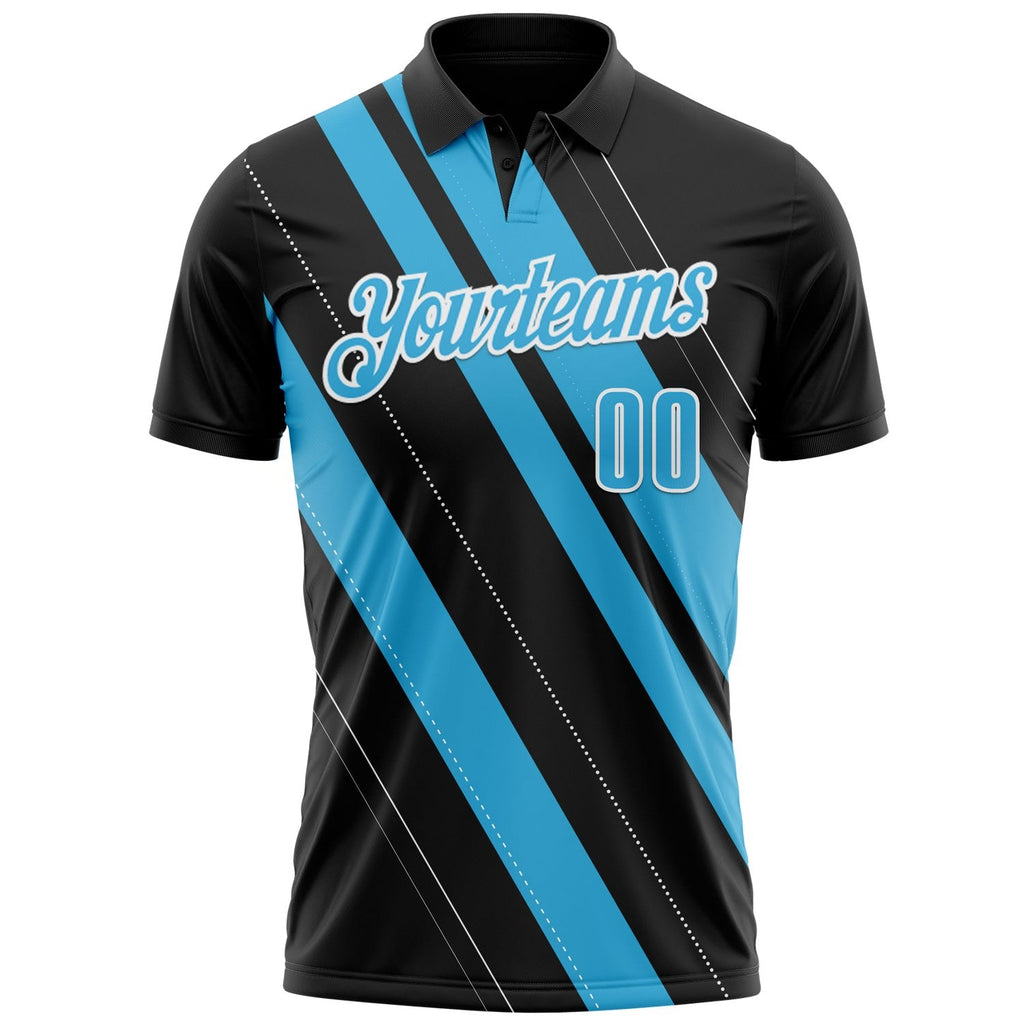 Custom Black Sky Blue-White 3D Bowling Line Shape Performance Polo Shirt photo 2