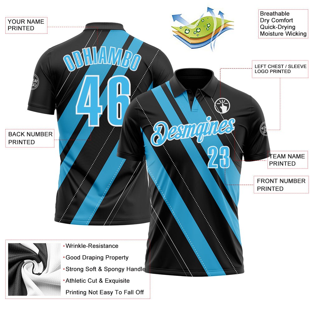 Custom Black Sky Blue-White 3D Bowling Line Shape Performance Polo Shirt photo 3