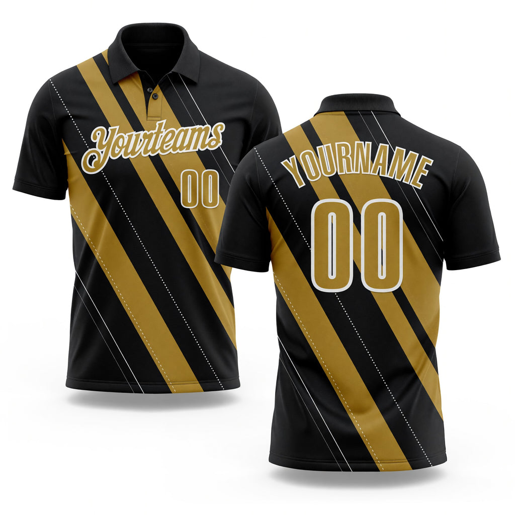 Custom Black Old Gold-White 3D Bowling Line Shape Performance Polo Shirt