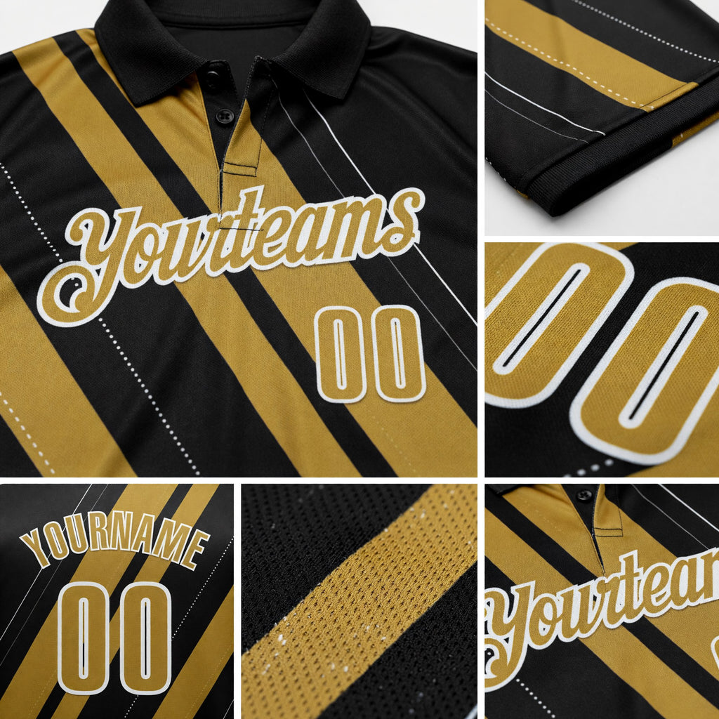 Custom Black Old Gold-White 3D Bowling Line Shape Performance Polo Shirt detail