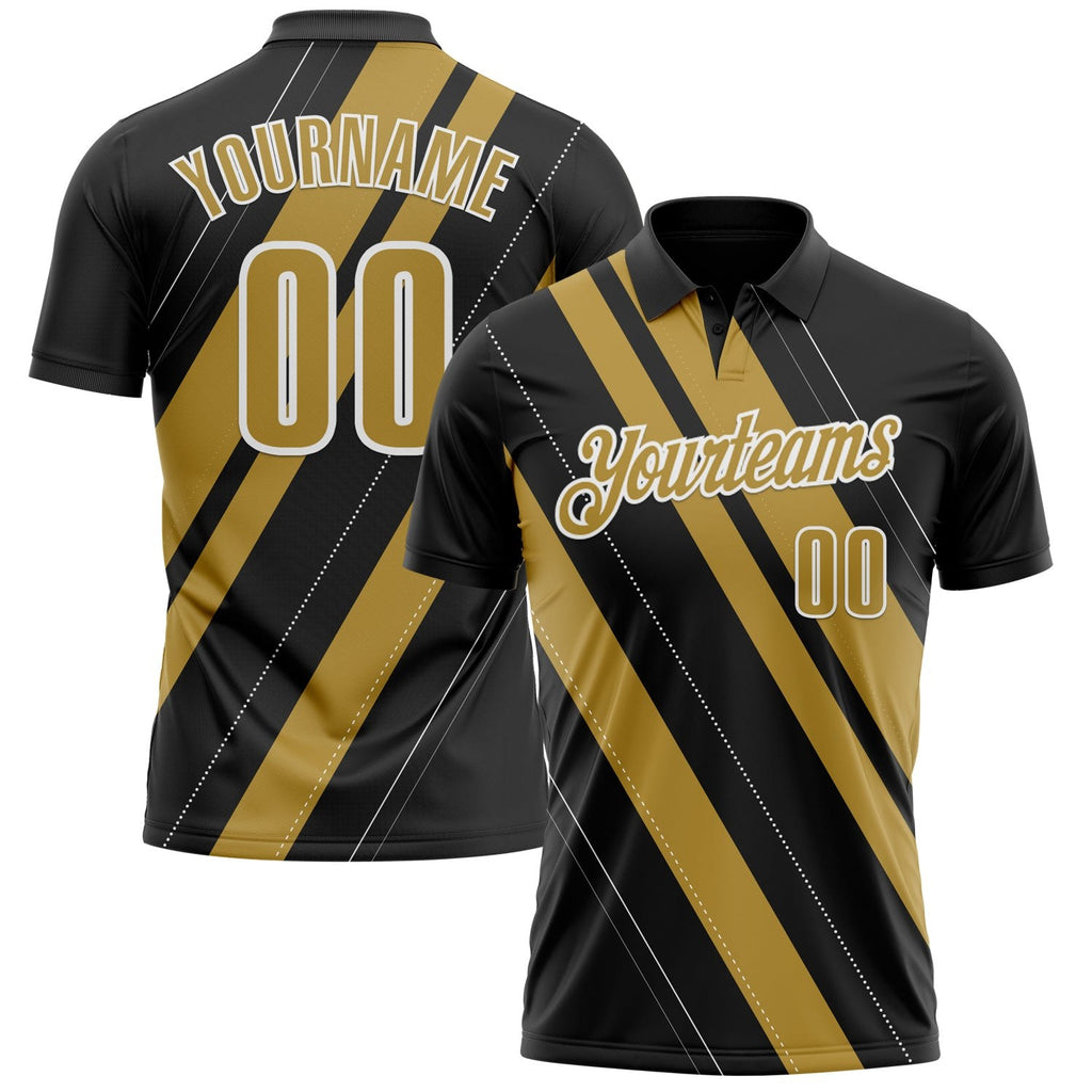 Custom Black Old Gold-White 3D Bowling Line Shape Performance Polo Shirt photo 1