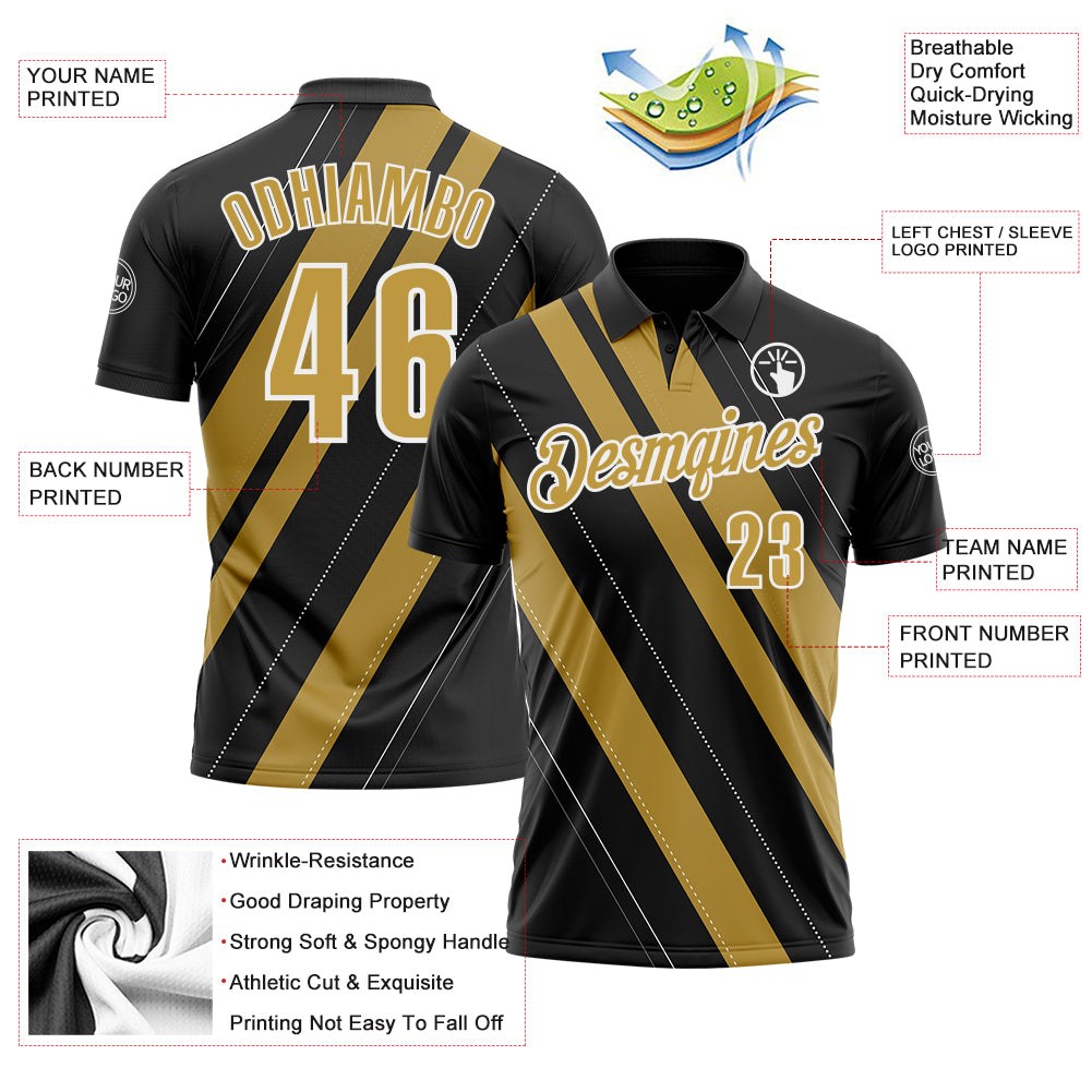 Custom Black Old Gold-White 3D Bowling Line Shape Performance Polo Shirt photo 3