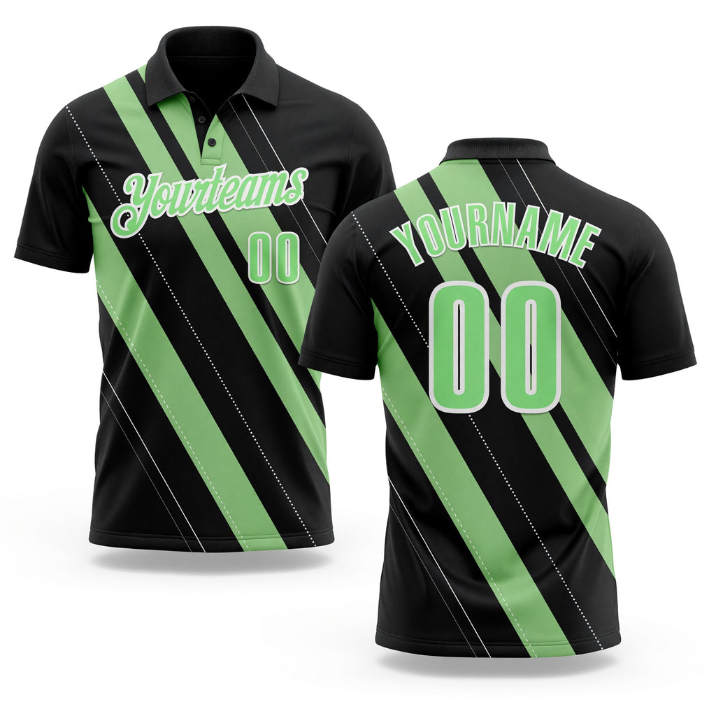 Custom Black Pea Green-White 3D Bowling Line Shape Performance Polo Shirt