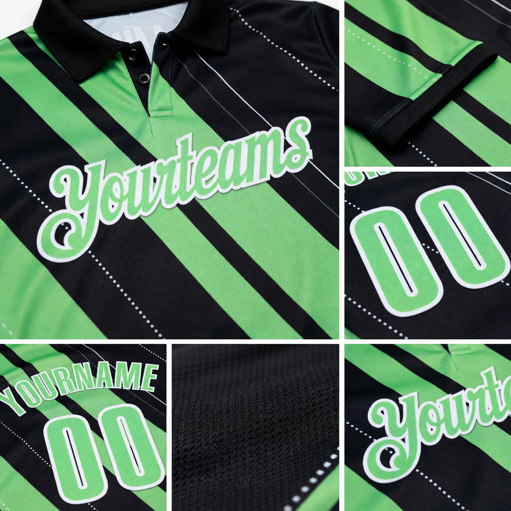 Custom Black Pea Green-White 3D Bowling Line Shape Performance Polo Shirt detail