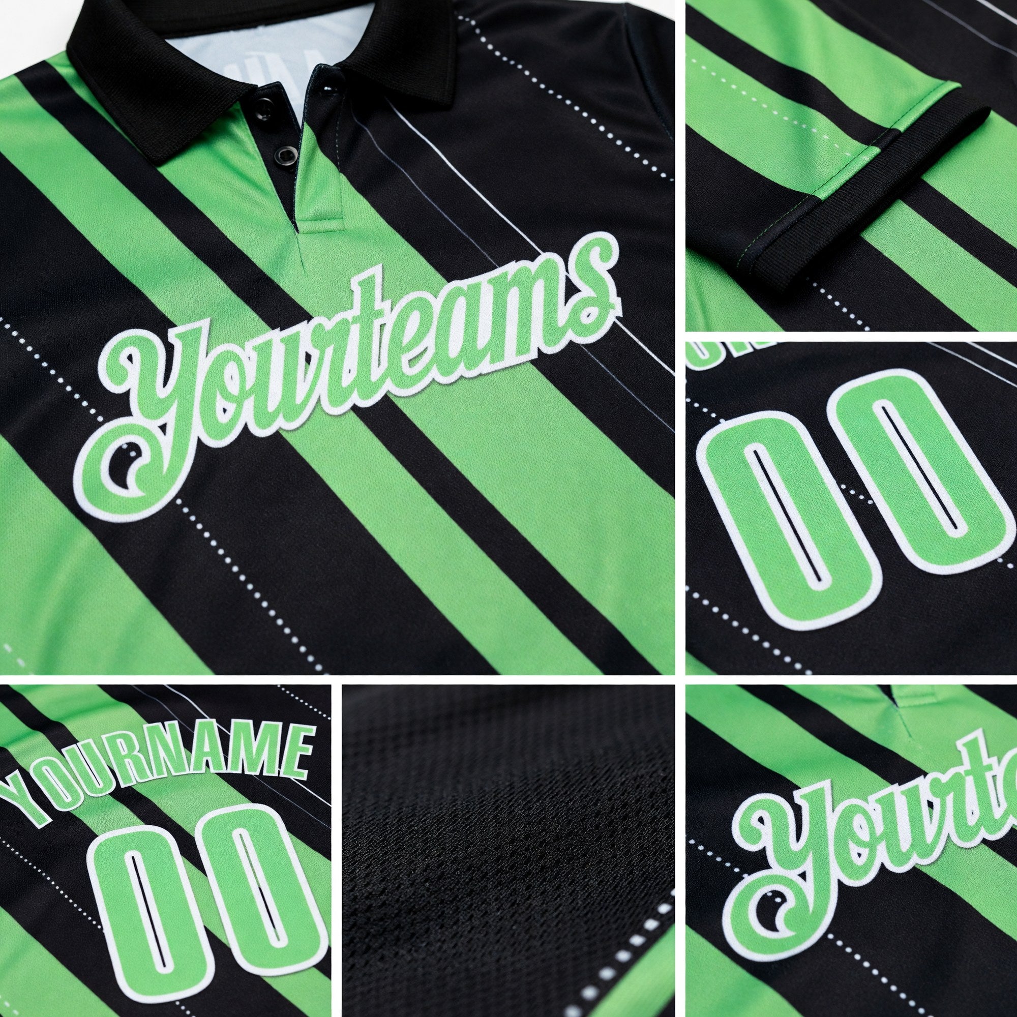 Custom Black Pea Green-White 3D Bowling Line Shape Performance Polo Shirt detail