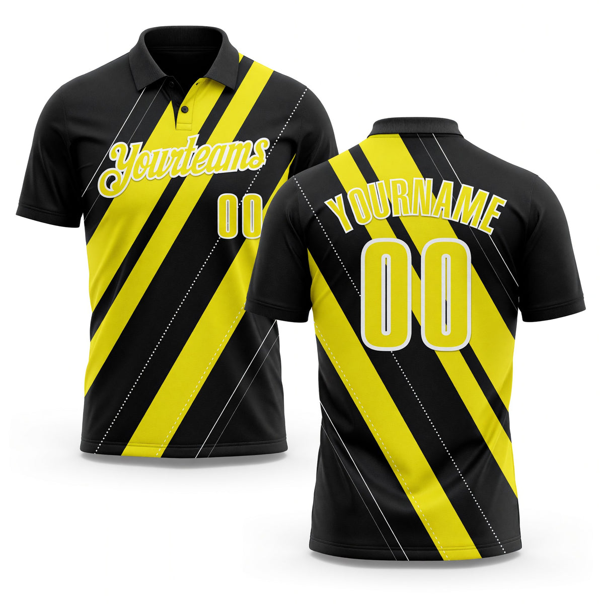 Custom Black Light Yellow-White 3D Bowling Line Shape Performance Polo Shirt