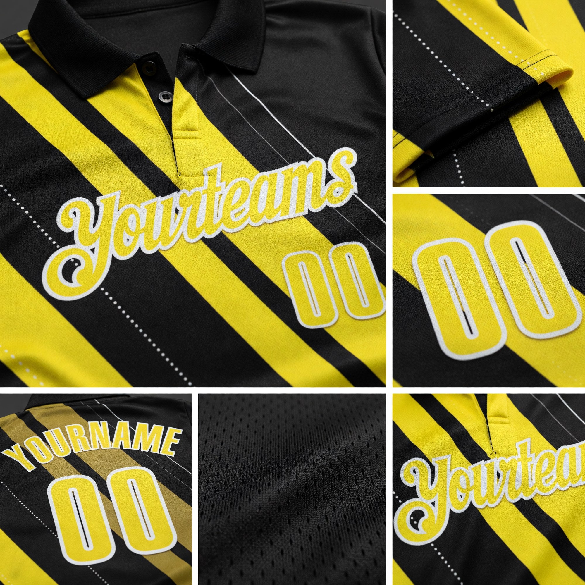 Custom Black Light Yellow-White 3D Bowling Line Shape Performance Polo Shirt detail
