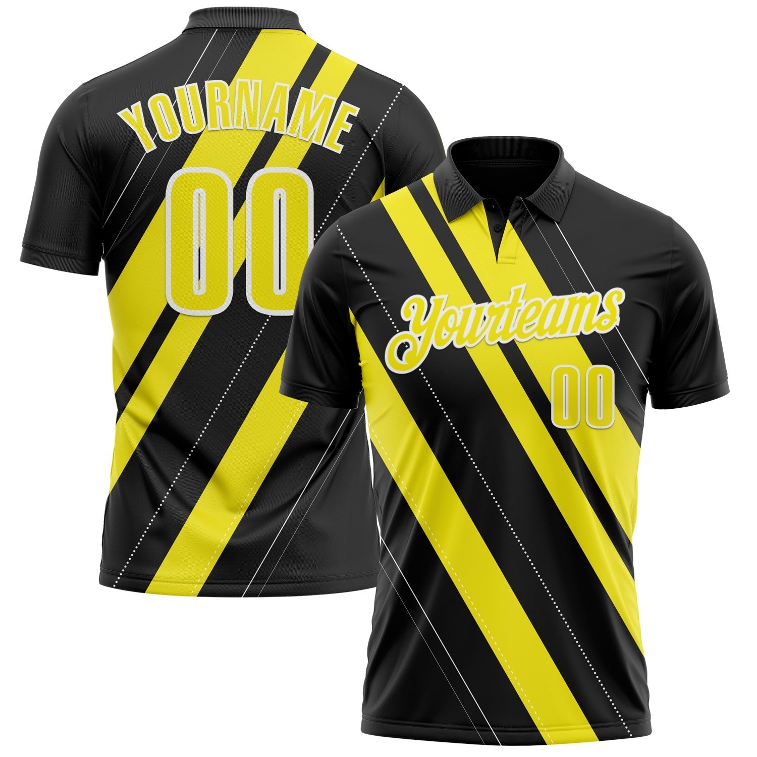 Custom Black Light Yellow-White 3D Bowling Line Shape Performance Polo Shirt photo 1