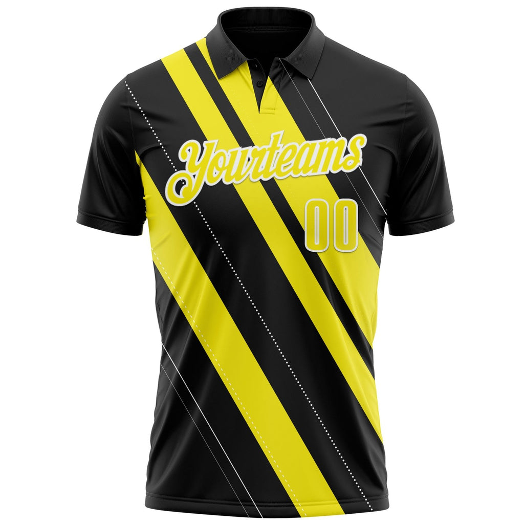 Custom Black Light Yellow-White 3D Bowling Line Shape Performance Polo Shirt photo 2