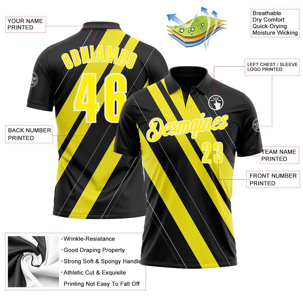 Custom Black Light Yellow-White 3D Bowling Line Shape Performance Polo Shirt photo 3