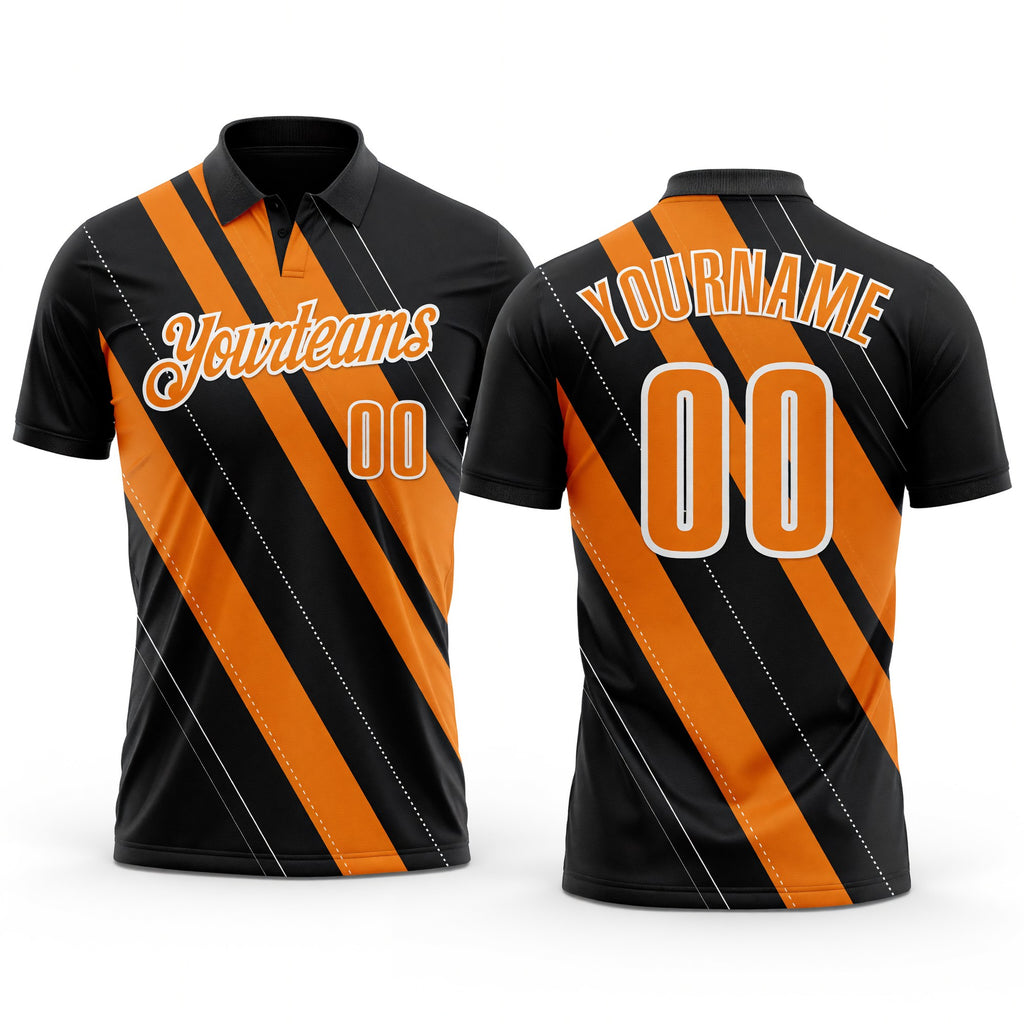 Custom Black Bay Orange-White 3D Bowling Line Shape Performance Polo Shirt