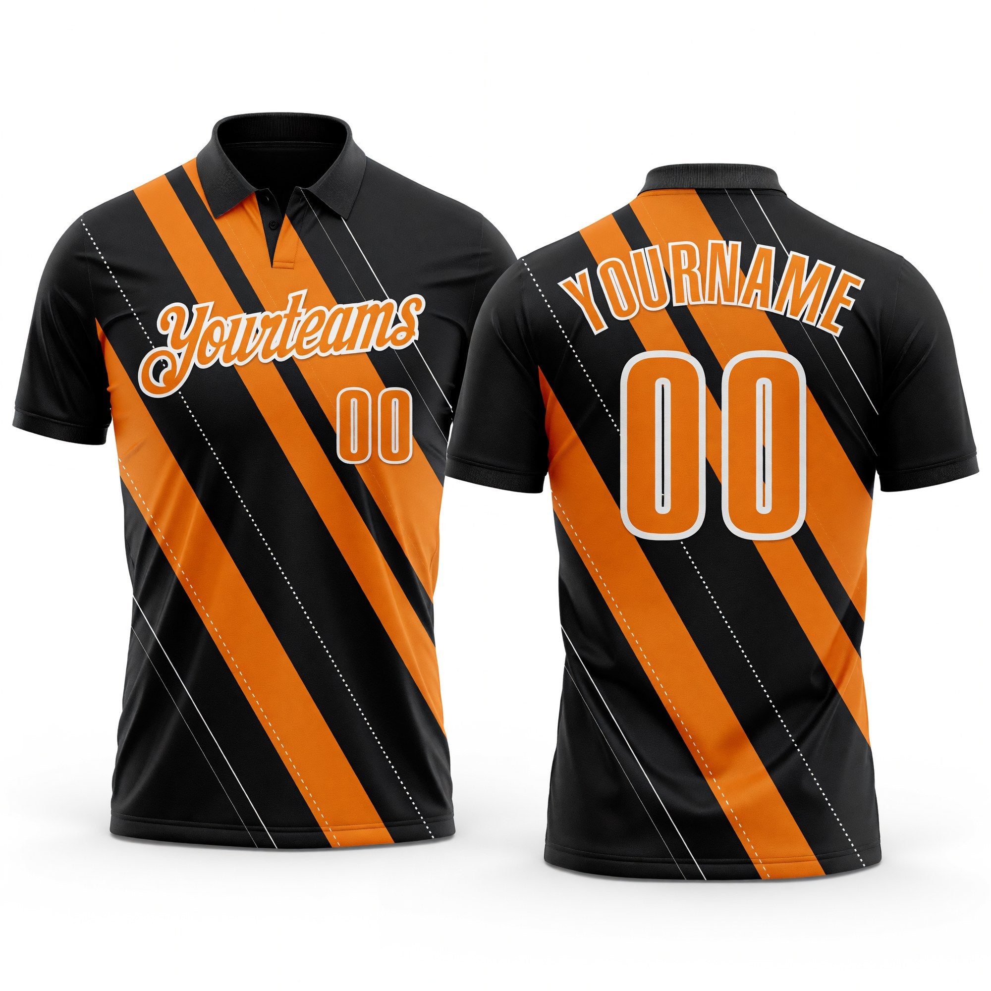Custom Black Bay Orange-White 3D Bowling Line Shape Performance Polo Shirt