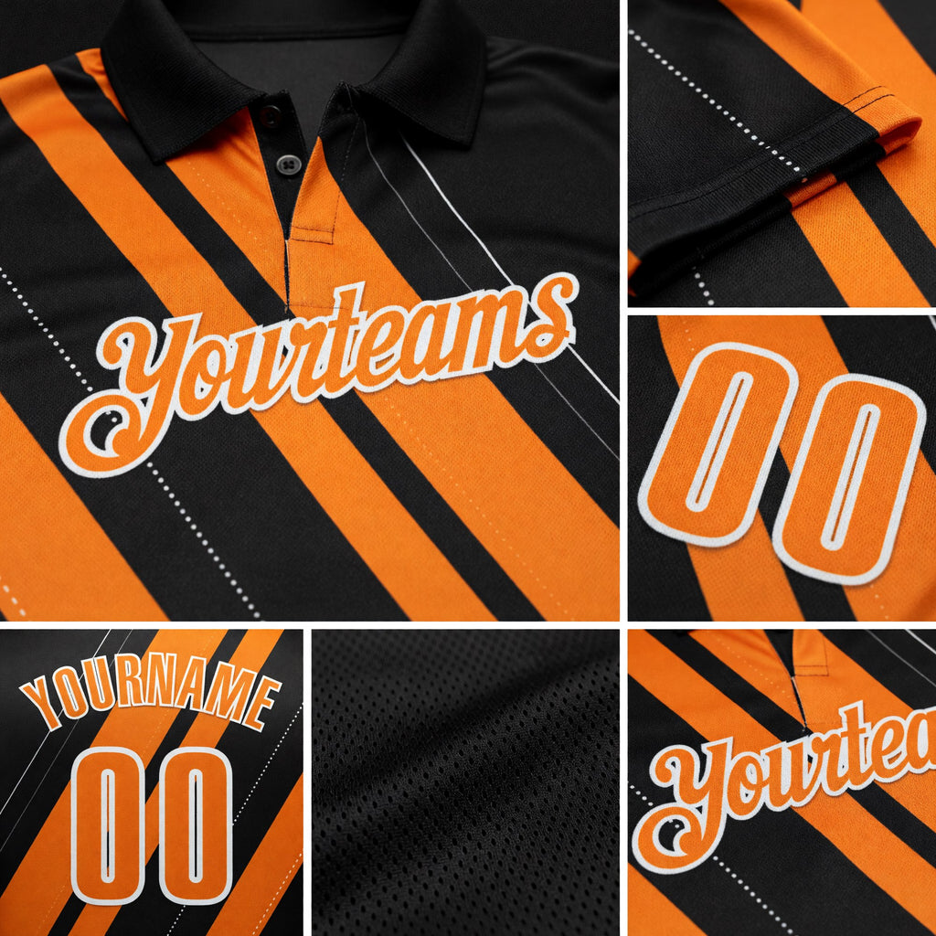 Custom Black Bay Orange-White 3D Bowling Line Shape Performance Polo Shirt detail