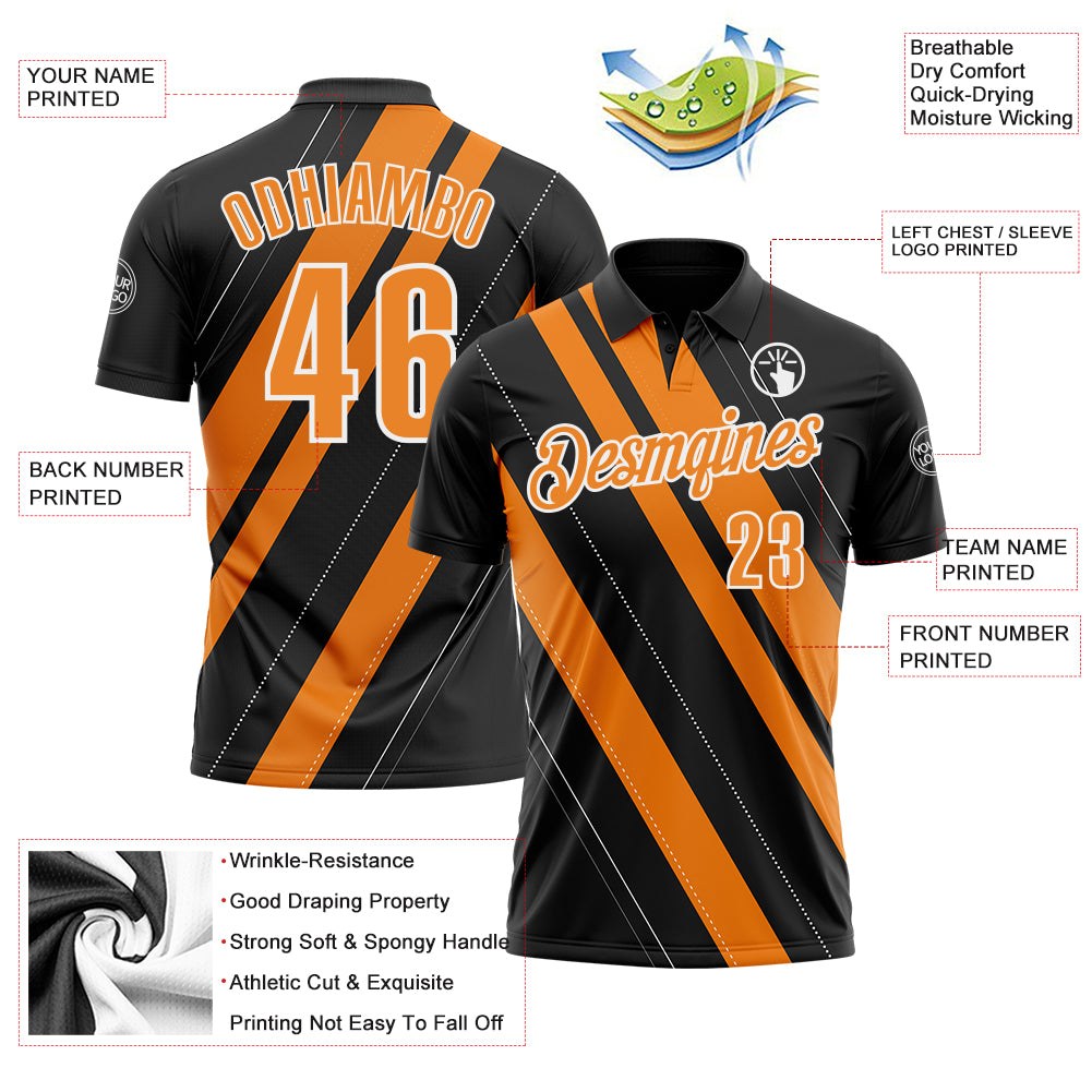 Custom Black Bay Orange-White 3D Bowling Line Shape Performance Polo Shirt photo 3