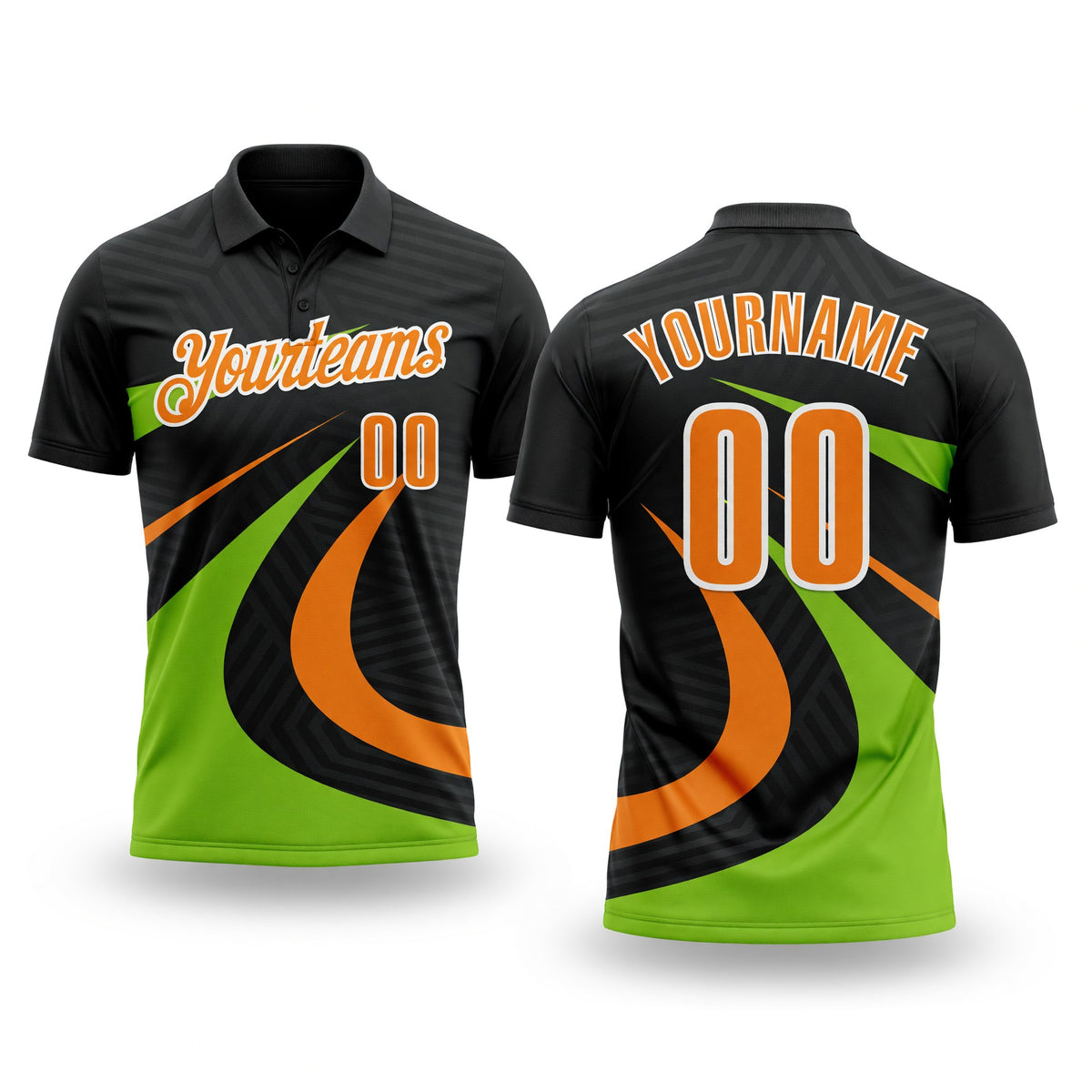 Custom Black Bay Orange-Neon Green 3D Bowling Geometric Shape Performance Polo Shirt